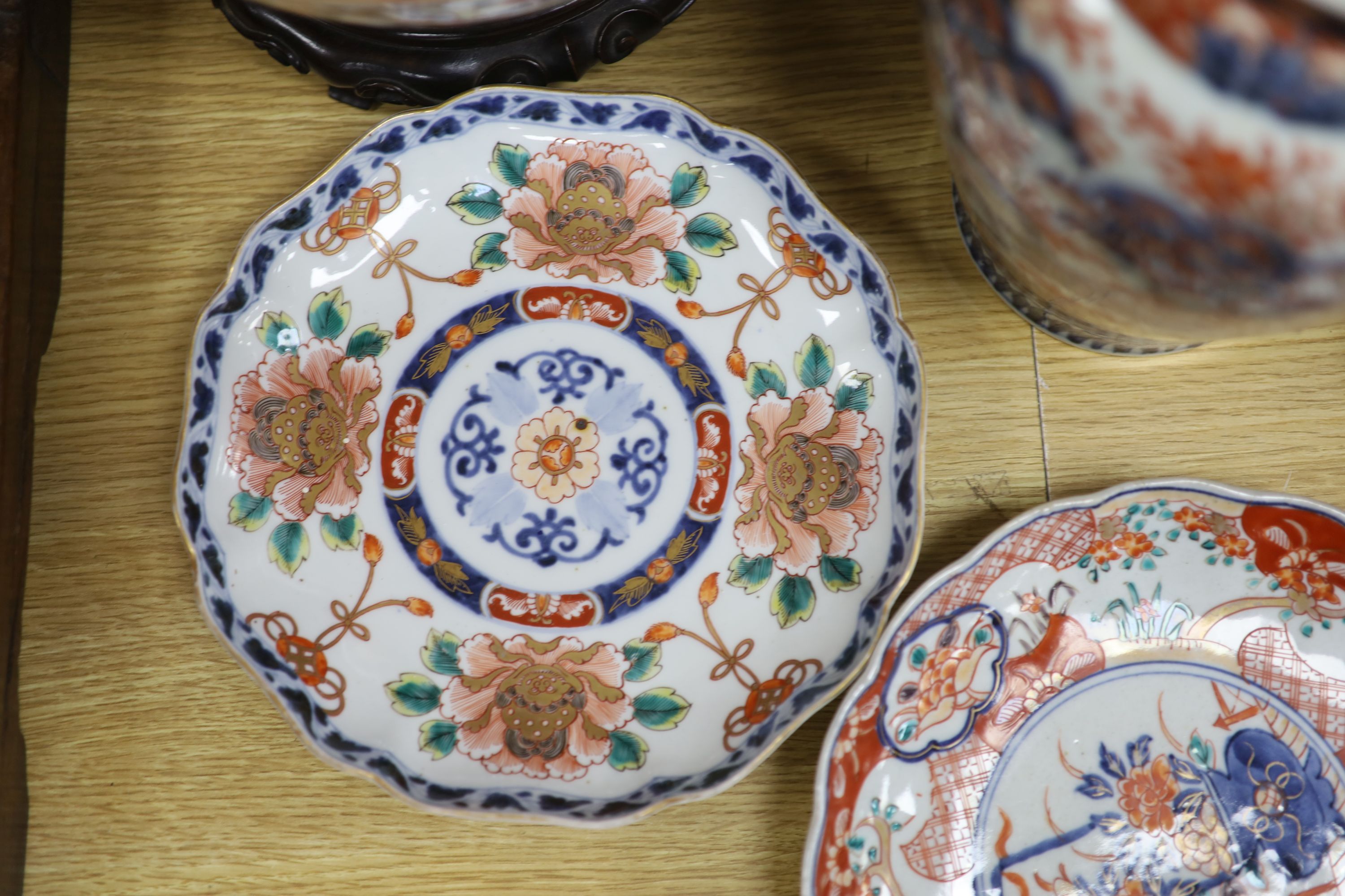 Three Japanese Imari vases, a plate and other Japanese ceramics